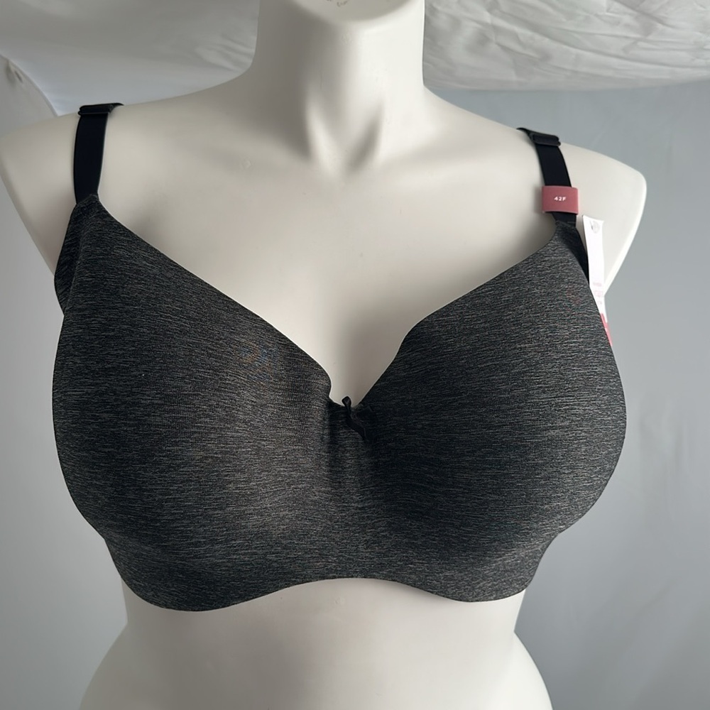 Cacique Lightly Lined Balconette heather black gray lace trim underwire bra 42F